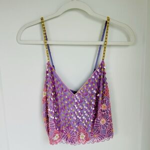 MAJORELLE Purple and Pink Sequin Floral Camisole with Gold-Strap Accents